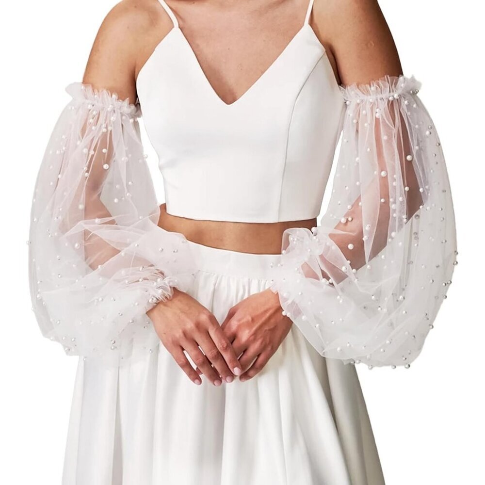 Women's Wedding Puffy Fingerless White Detachable Long Sleeves Ruffled Gloves